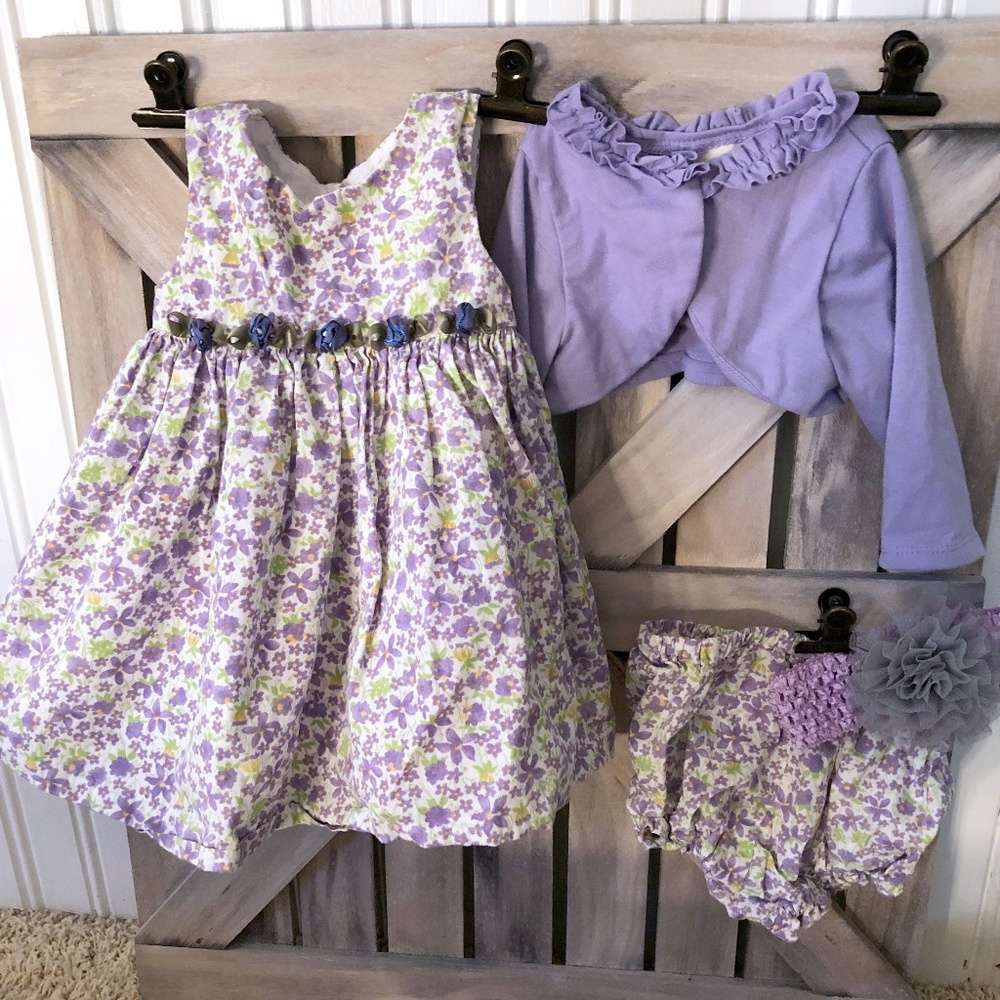 6-9 months marmellata dress, cardigan, bloomers...